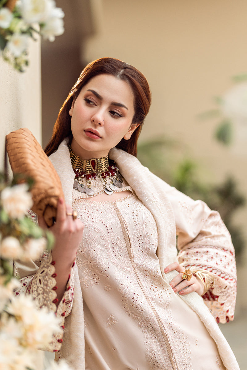 BrandsInn-3PC CHIKANKAARI LAWN CUTWORK EMBROIDERED SHIRT WITH MANAAR EMBROIDERED CUTWORK DUPATTA AND TROUSER-BI-101