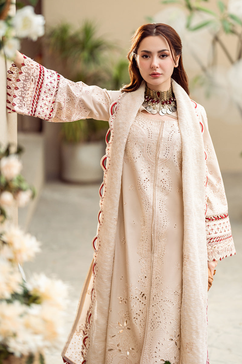 BrandsInn-3PC CHIKANKAARI LAWN CUTWORK EMBROIDERED SHIRT WITH MANAAR EMBROIDERED CUTWORK DUPATTA AND TROUSER-BI-101