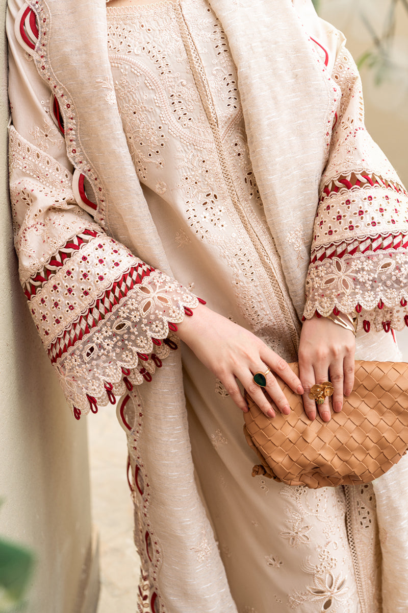 BrandsInn-3PC CHIKANKAARI LAWN CUTWORK EMBROIDERED SHIRT WITH MANAAR EMBROIDERED CUTWORK DUPATTA AND TROUSER-BI-101