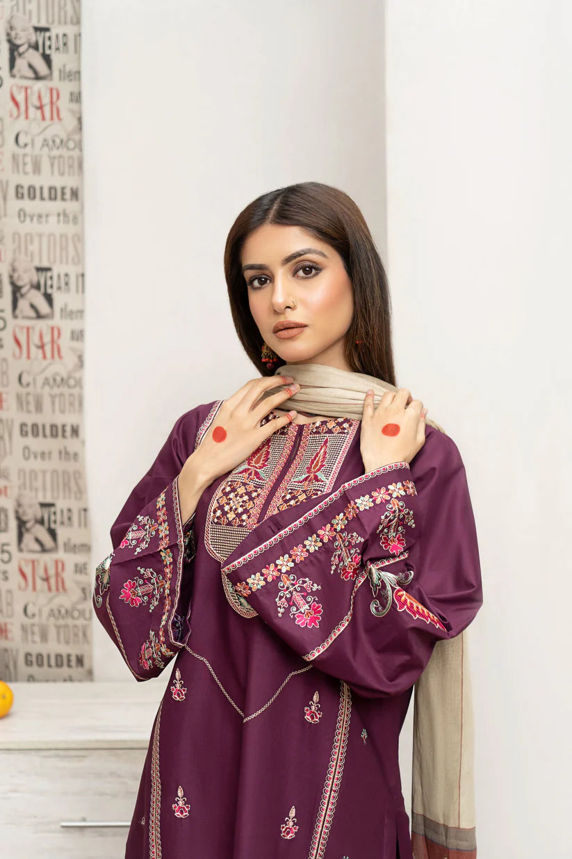 BrandsInn- 3PC DHANAK EMBROIDERED SHIRT WITH COUTURE PRINT SHAWL AND EMB TROUSER-BI-4087