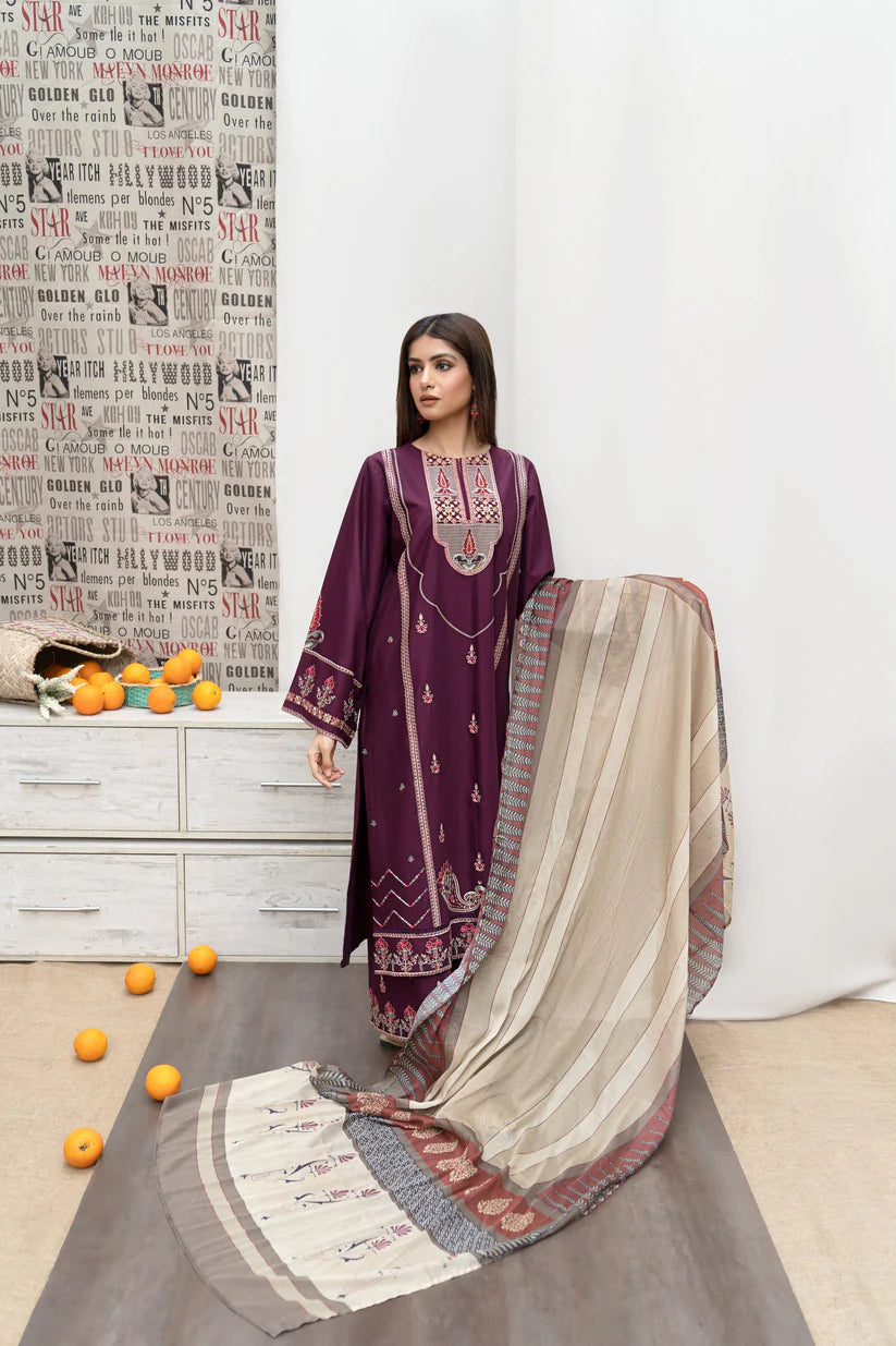 BrandsInn- 3PC DHANAK EMBROIDERED SHIRT WITH COUTURE PRINT SHAWL AND EMB TROUSER-BI-4087