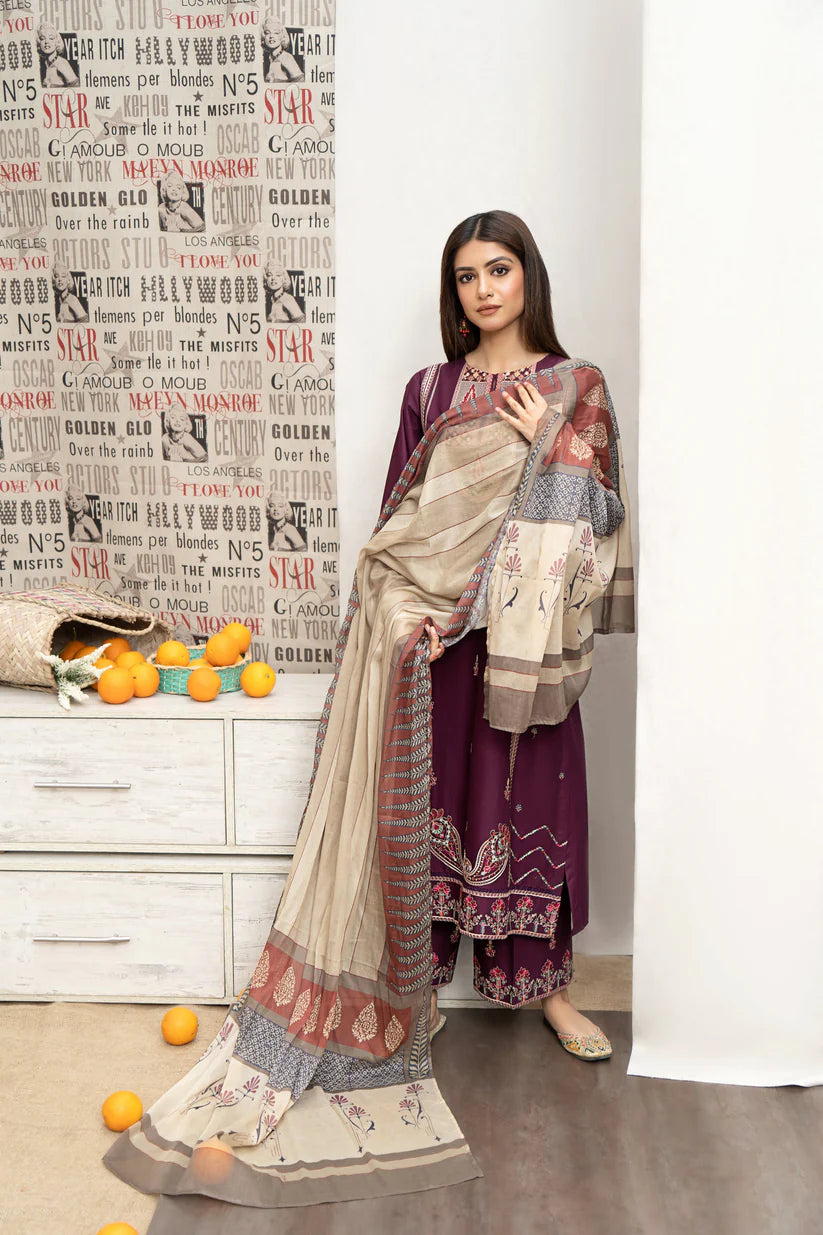 BrandsInn- 3PC DHANAK EMBROIDERED SHIRT WITH COUTURE PRINT SHAWL AND EMB TROUSER-BI-4087