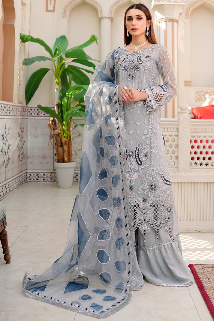 BrandsInn-ORGANZA HANDMADE EMBROIDERED ORGANZA DAMAN WITH PEARL WITH ORGANZA HANDMADE EMBROIDERED READY TO WEAR DUPATTA WITH TROUSER-BI-4131