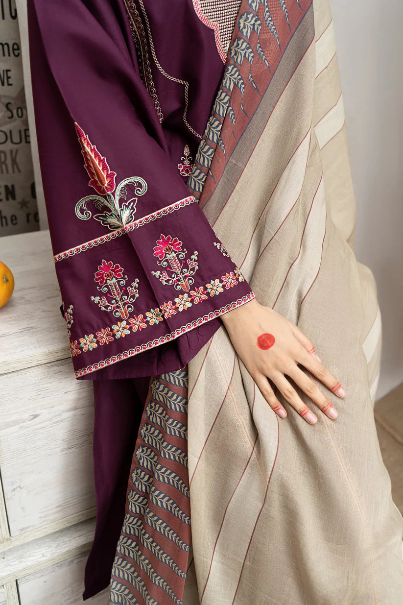 BrandsInn- 3PC DHANAK EMBROIDERED SHIRT WITH COUTURE PRINT SHAWL AND EMB TROUSER-BI-4087