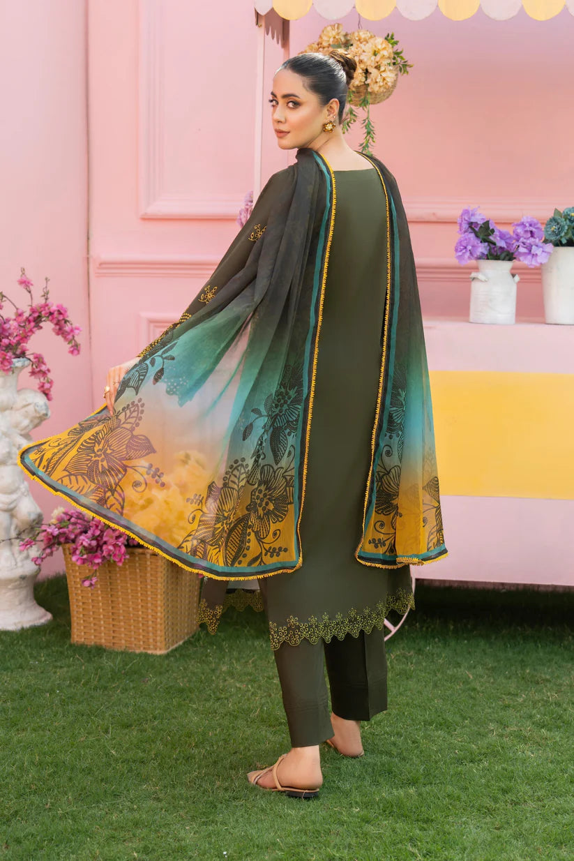 BrandsInn - 3PC LAWN EMBROIDERED SHIRT WITH CHIFFON PRINTED DUPATTA AND TROUSER-BI-401
