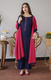 BrandsInn- 3PC DHANAK EMBROIDERED SHIRT WITH DHANAK EMBROIDERED SHAWL-BI-4062