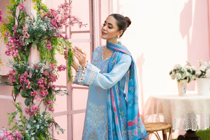 BrandsInn-3PC LAWN EMBROIDERED SHIRT WITH CHIFFON PRINTED DUPATTA AND TROUSER-BI-400