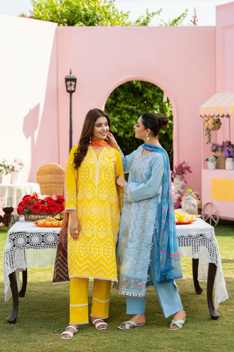 BrandsInn- 3PC LAWN EMBROIDERED SHIRT WITH CHIFFON PRINTED DUPATTA AND TROUSER-BI-403