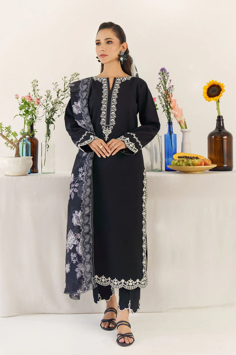 BrandsInn - 3PC DHANAK EMBROIDERED SHIRT WITH WOOL PRINTED SHAWL AND TROUSER-BI-4085