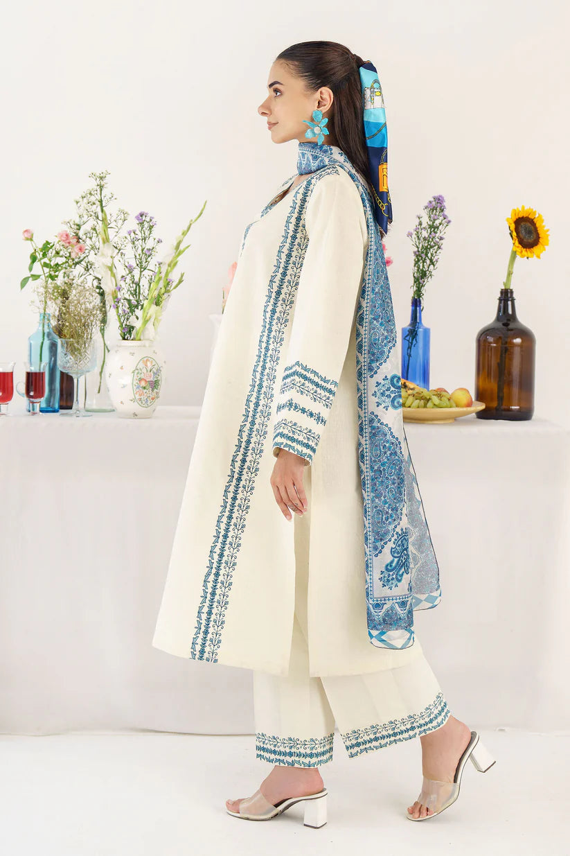 BrandsInn- 3PC KHADDAR EMBROIDERED SHIRT WITH COUTURE PRINT SHAWL AND EMB TROUSER-BIC-4011