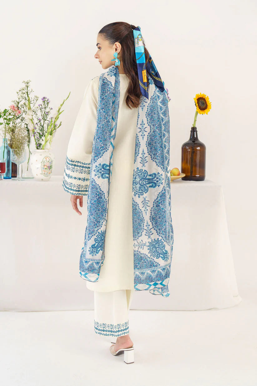 BrandsInn- 3PC KHADDAR EMBROIDERED SHIRT WITH COUTURE PRINT SHAWL AND EMB TROUSER-BIC-4011
