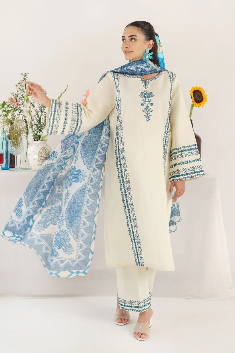 BrandsInn- 3PC KHADDAR EMBROIDERED SHIRT WITH COUTURE PRINT SHAWL AND EMB TROUSER-BIC-4011