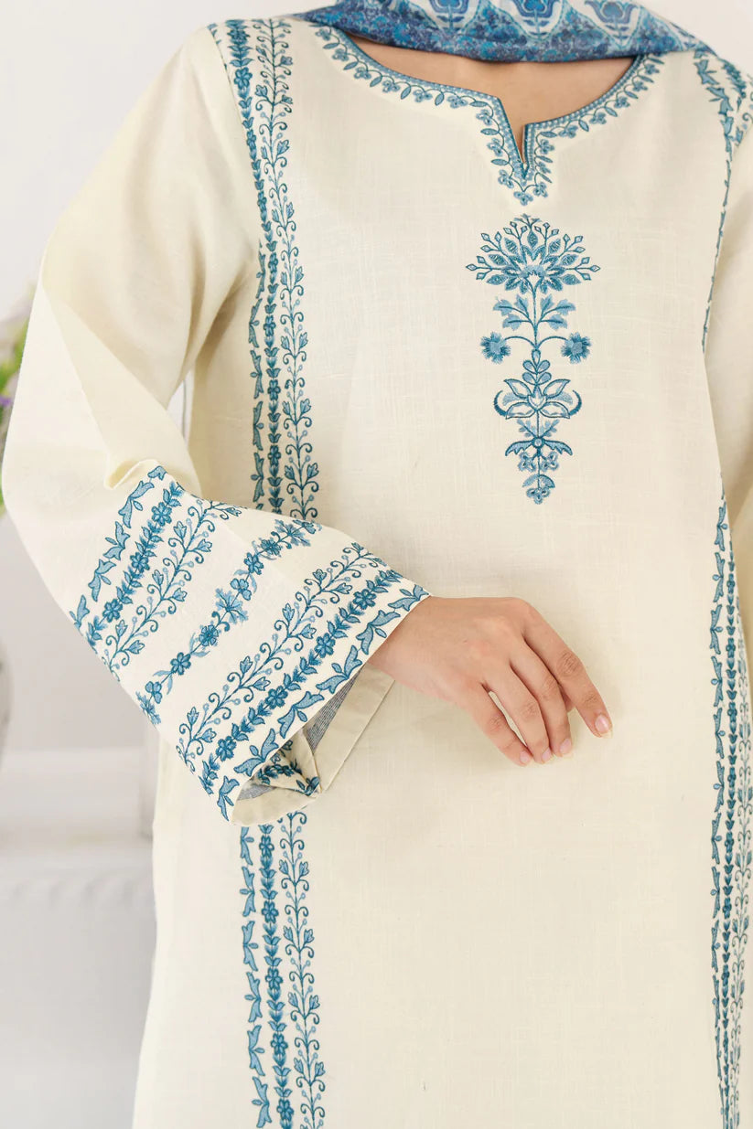 BrandsInn- 3PC KHADDAR EMBROIDERED SHIRT WITH COUTURE PRINT SHAWL AND EMB TROUSER-BIC-4011