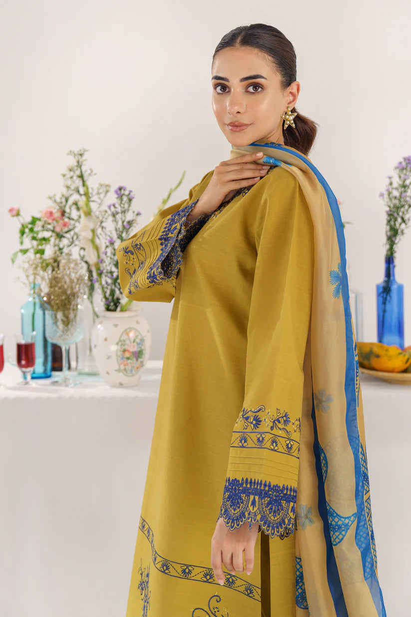 BrandsInn- 3PC KHADAR EMBROIDERED SHIRT WITH COURTRAI PRINT SHAWL AND TROUSER-BI-4149