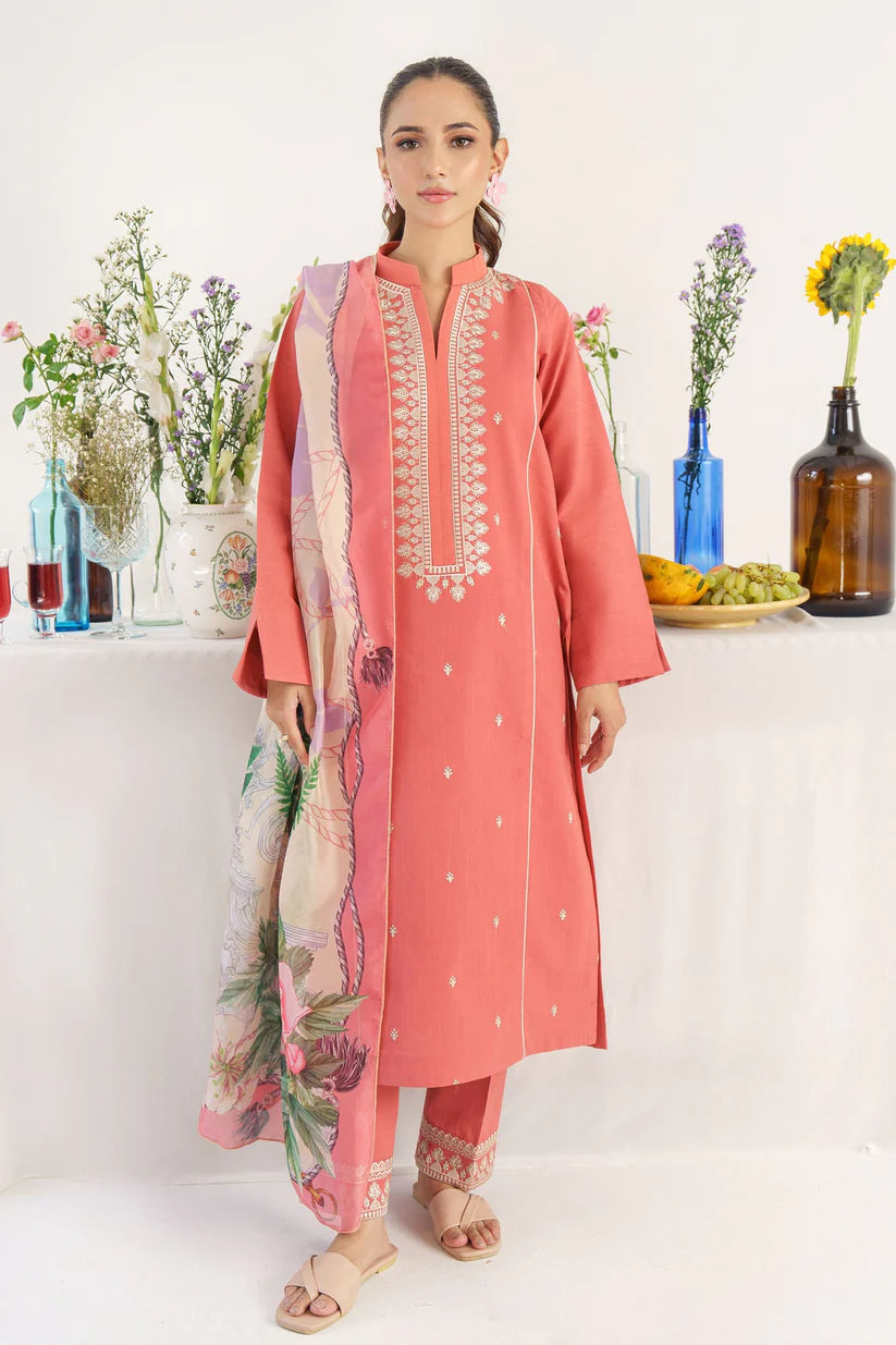 BrandsInn- 3PC KHADDAR EMBROIDERED SHIRT WITH COUTURE PRINT SHAWL AND TROUSER-BI-4080