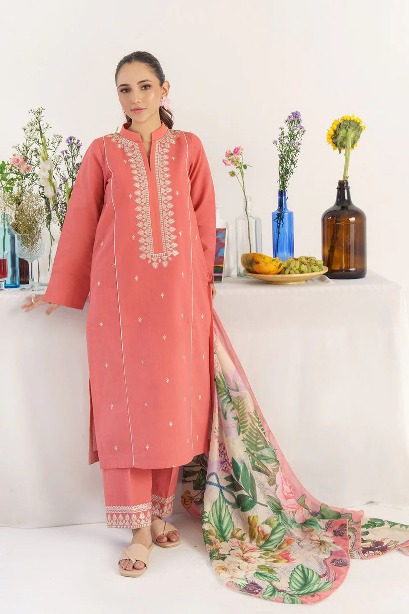 BrandsInn- 3PC KHADDAR EMBROIDERED SHIRT WITH COUTURE PRINT SHAWL AND TROUSER-BI-4080