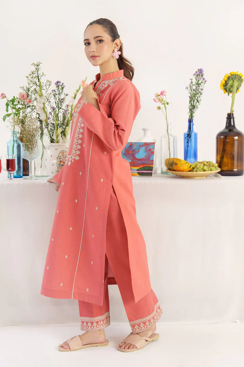 BrandsInn- 3PC KHADDAR EMBROIDERED SHIRT WITH COUTURE PRINT SHAWL AND TROUSER-BI-4080