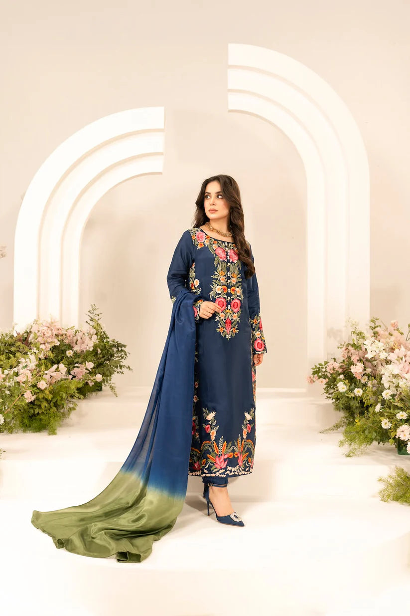 BrandsInn-3PC LAWN EMBROIDERED SHIRT WITH CHIFFON TYE & DYE DUPATTA & TROUSER-BI-379