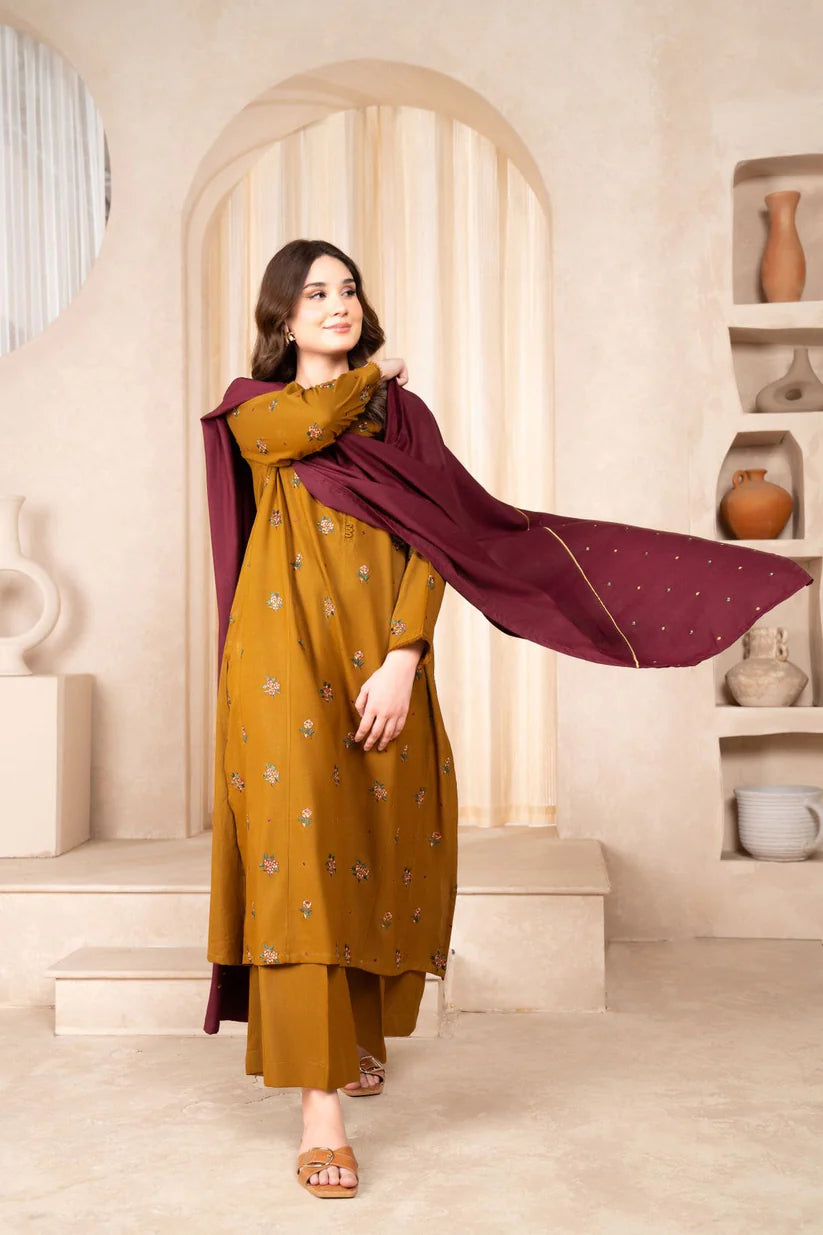 BrandsInn- 3PC DHANAK EMBROIDERED SHIRT DHANAK EMBROIDERED DUPATTA AND TROUSER-BI-4074