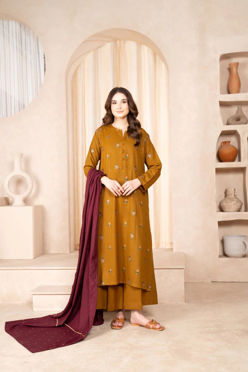 BrandsInn- 3PC DHANAK EMBROIDERED SHIRT DHANAK EMBROIDERED DUPATTA AND TROUSER-BI-4074