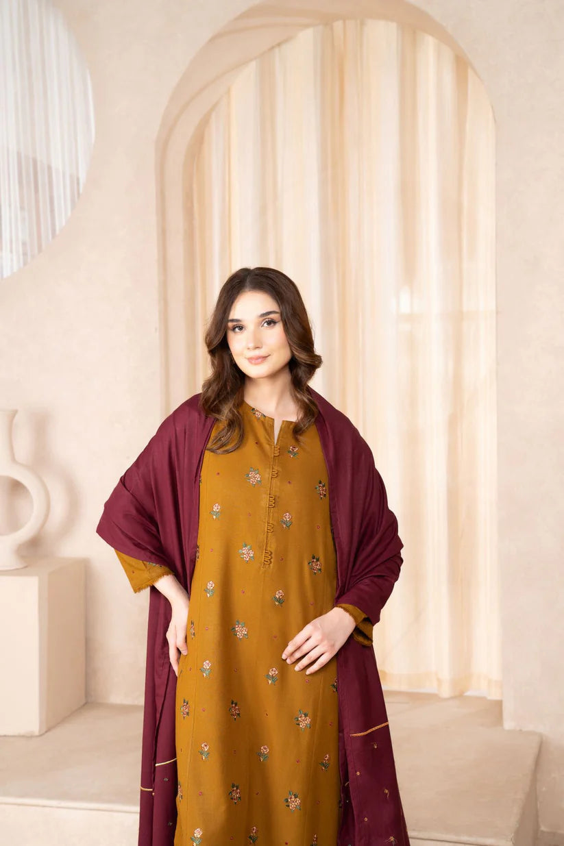 BrandsInn- 3PC DHANAK EMBROIDERED SHIRT DHANAK EMBROIDERED DUPATTA AND TROUSER-BI-4074