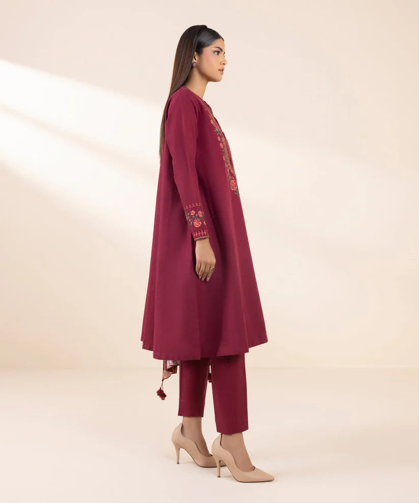BrandsInn- 3PC DHANAK EMBROIDERED SHIRT WITH WOOL PRINT SHAWL AND TROUSER-BI-4048