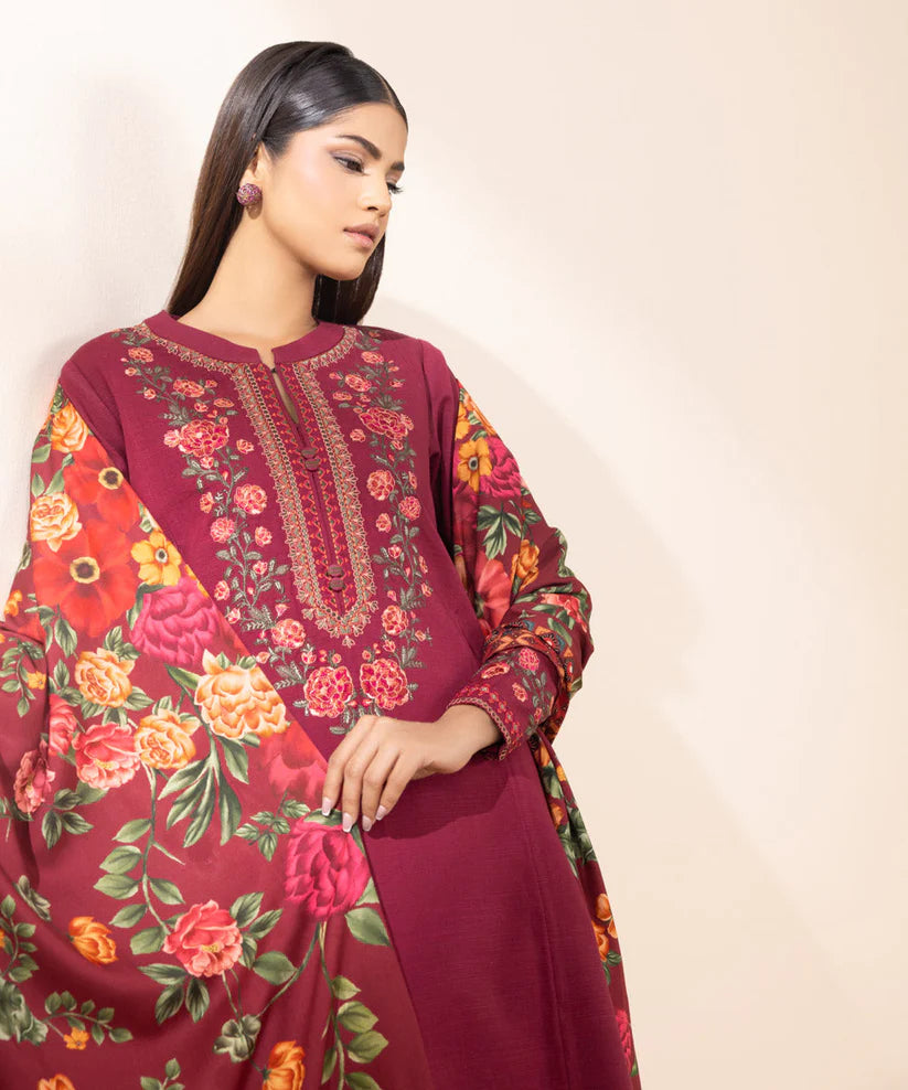BrandsInn- 3PC DHANAK EMBROIDERED SHIRT WITH WOOL PRINT SHAWL AND TROUSER-BI-4048