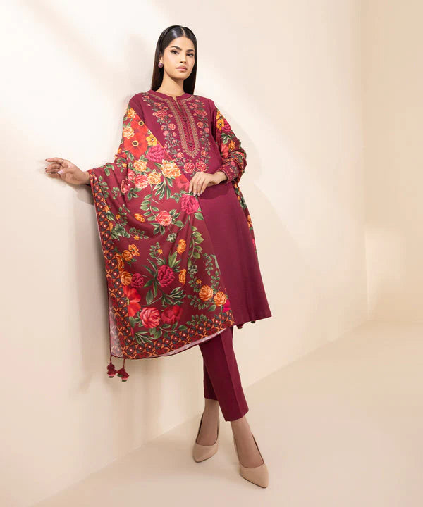 BrandsInn- 3PC DHANAK EMBROIDERED SHIRT WITH WOOL PRINT SHAWL AND TROUSER-BI-4048