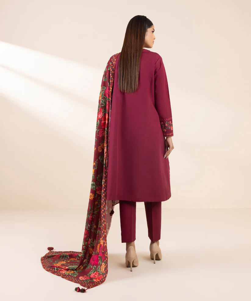 BrandsInn- 3PC DHANAK EMBROIDERED SHIRT WITH WOOL PRINT SHAWL AND TROUSER-BI-4048