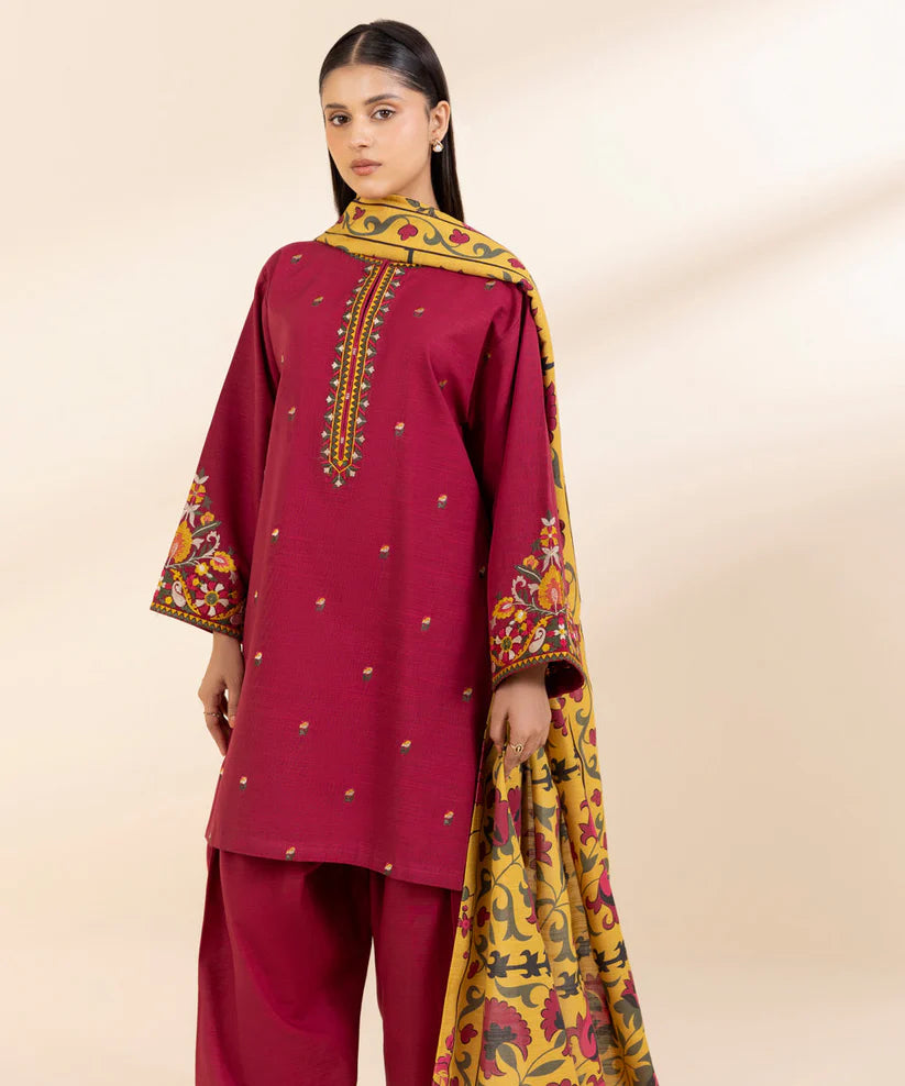 BrandsInn- 3PC KHADAR EMBROIDERED SHIRT WITH WOOL PRINT SHAWL AND TROUSER--BIC-4021