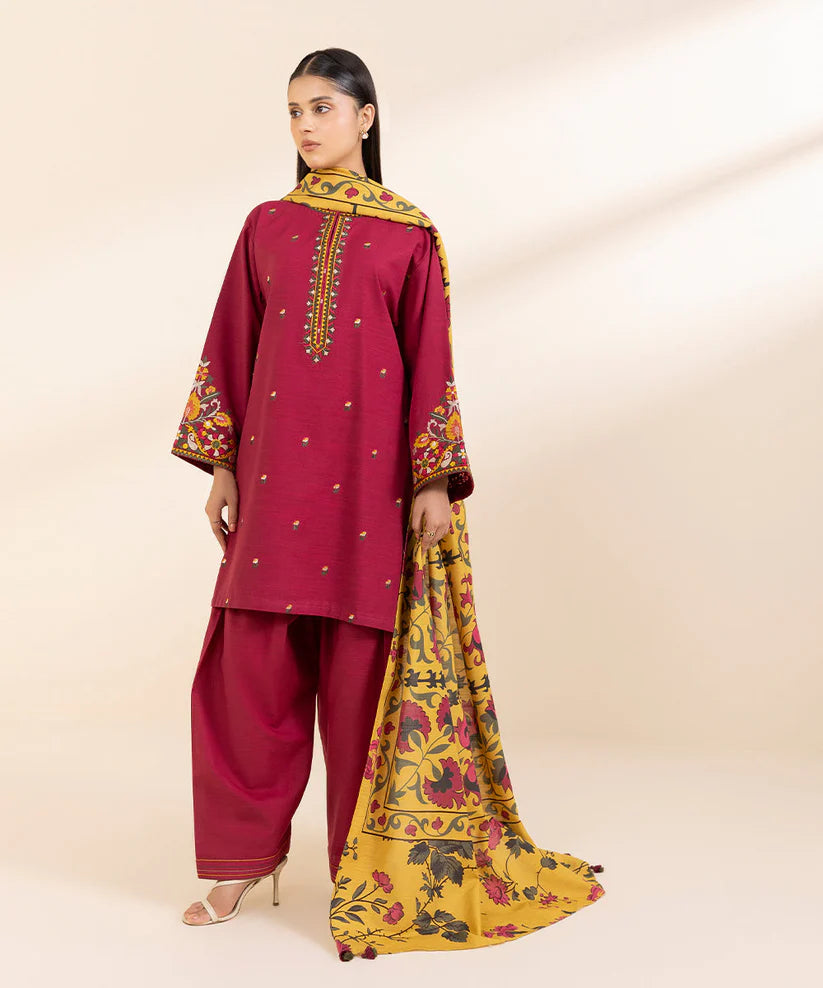 BrandsInn- 3PC KHADAR EMBROIDERED SHIRT WITH WOOL PRINT SHAWL AND TROUSER--BIC-4021