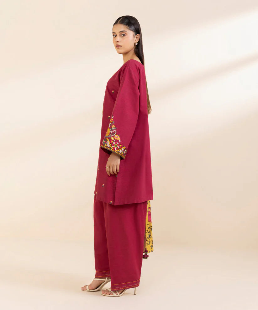 BrandsInn- 3PC KHADAR EMBROIDERED SHIRT WITH WOOL PRINT SHAWL AND TROUSER--BIC-4021