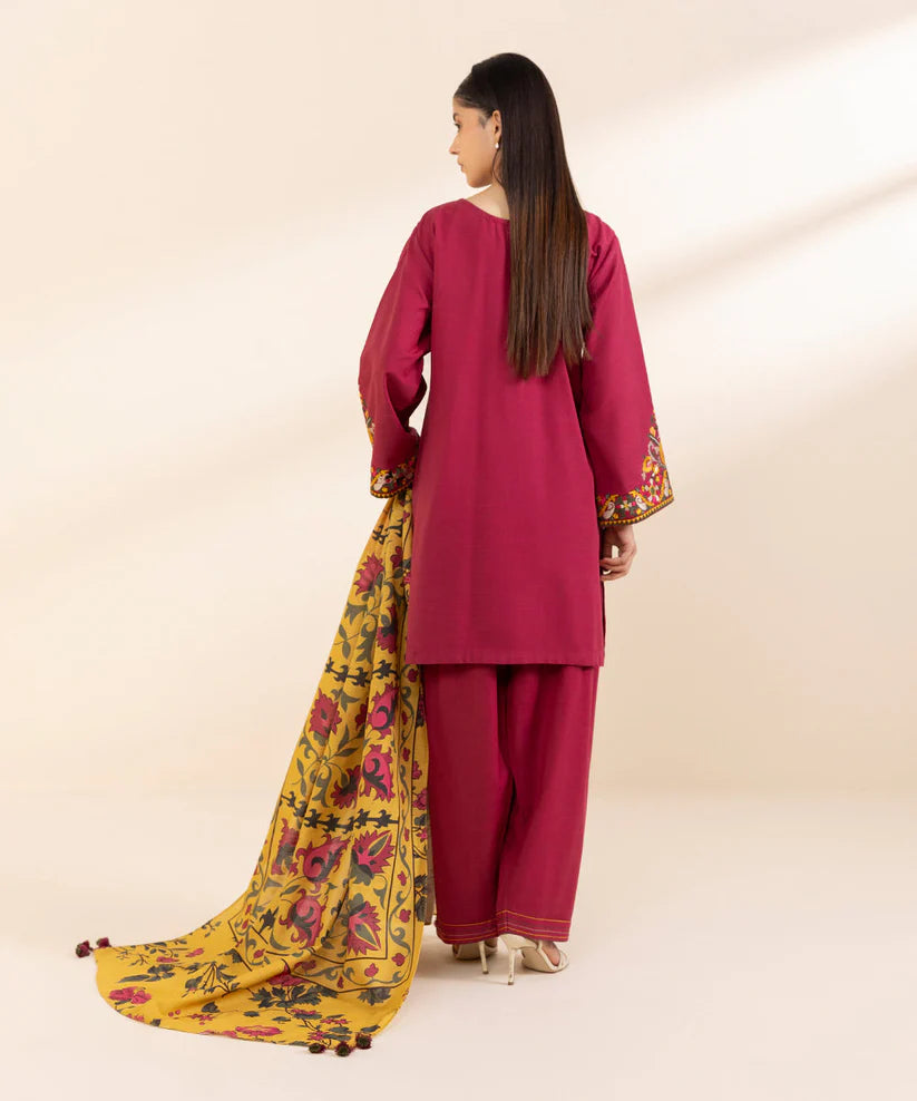 BrandsInn- 3PC KHADAR EMBROIDERED SHIRT WITH WOOL PRINT SHAWL AND TROUSER--BIC-4021