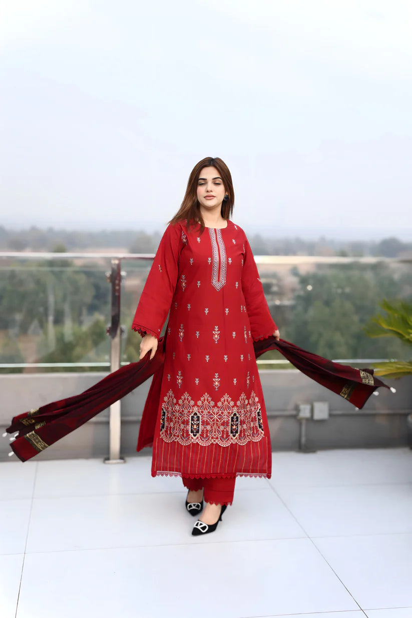 BRANDSINN-3PC KHADDAR CUTWORK EMBROIDERED SHIRT WITH KASHMIRI JACQUARD WOOL SHAWL-BI-4032