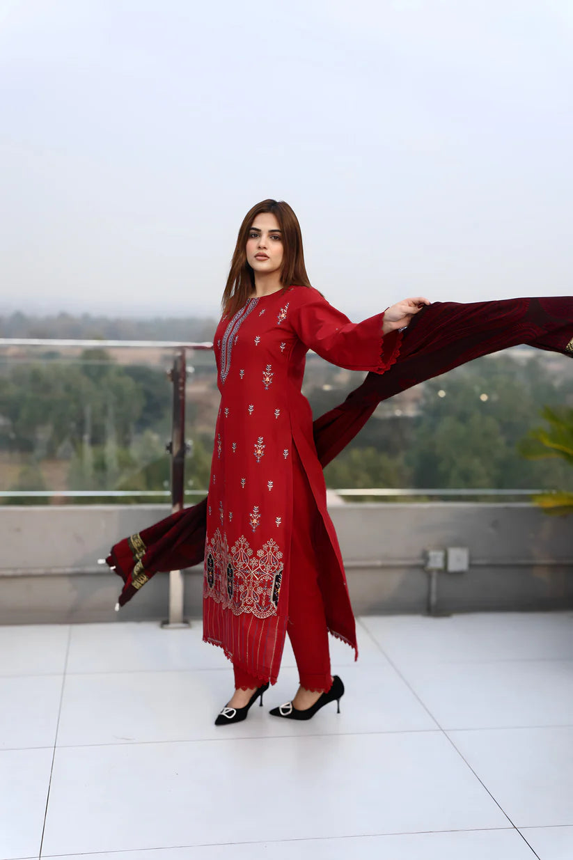 BRANDSINN-3PC KHADDAR CUTWORK EMBROIDERED SHIRT WITH KASHMIRI JACQUARD WOOL SHAWL-BI-4032