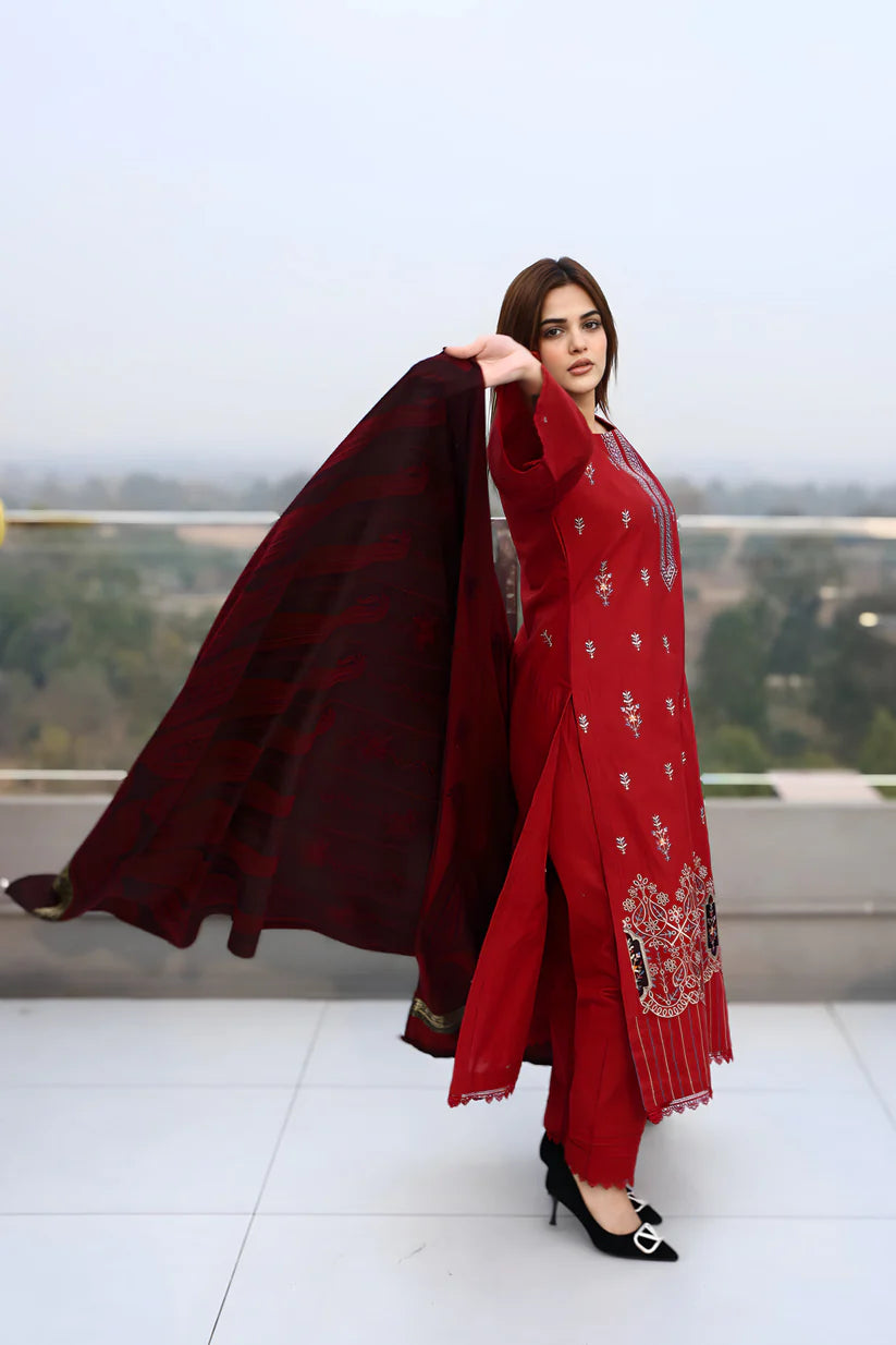BRANDSINN-3PC KHADDAR CUTWORK EMBROIDERED SHIRT WITH KASHMIRI JACQUARD WOOL SHAWL-BI-4032