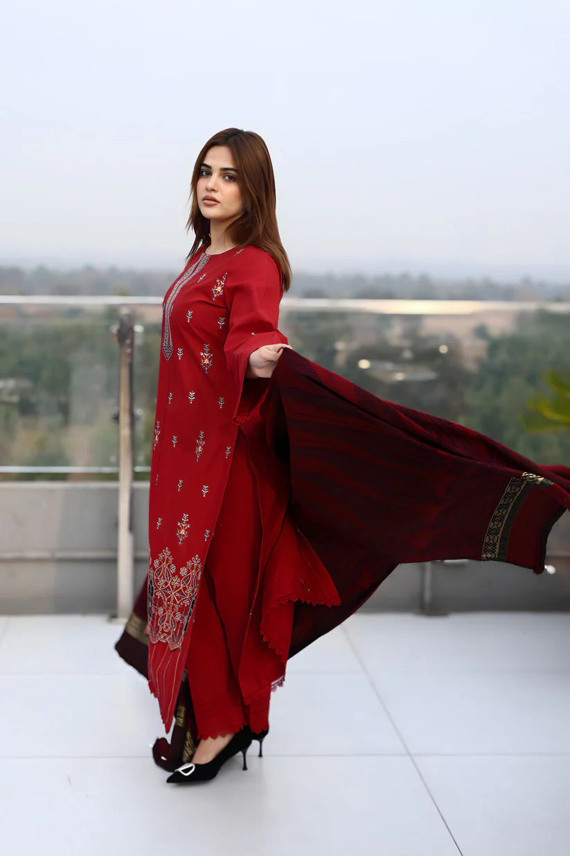 BRANDSINN-3PC KHADDAR CUTWORK EMBROIDERED SHIRT WITH KASHMIRI JACQUARD WOOL SHAWL-BI-4032