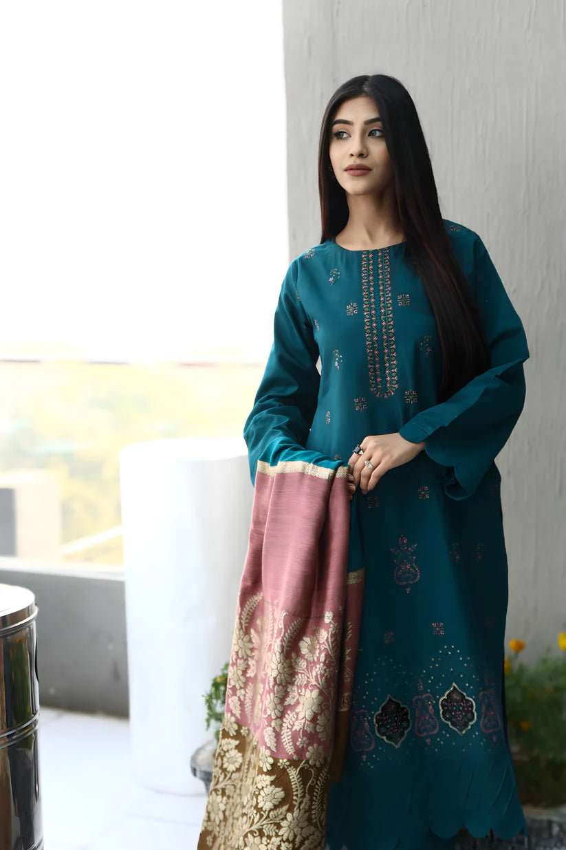 BRANDSINN-3PC KHADDAR CUTWORK EMBROIDERED SHIRT WITH KASHMIRI JACQUARD WOOL SHAWL-BI-4035
