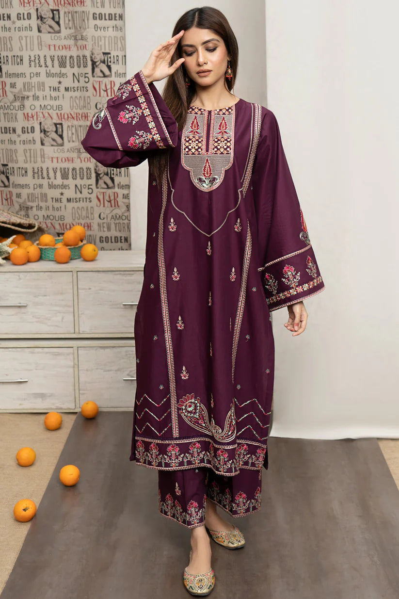 BrandsInn- 3PC DHANAK EMBROIDERED SHIRT WITH COUTURE PRINT SHAWL AND EMB TROUSER-BI-4087
