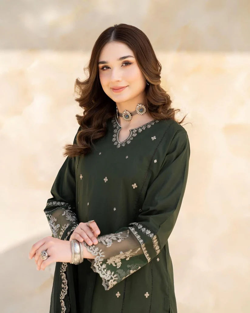 BrandsInn-3PC LAWN EMBROIDERED SHIRT WITH CHIFFON EMBROIDERED DUPATTA AND TROUSER-BI-173