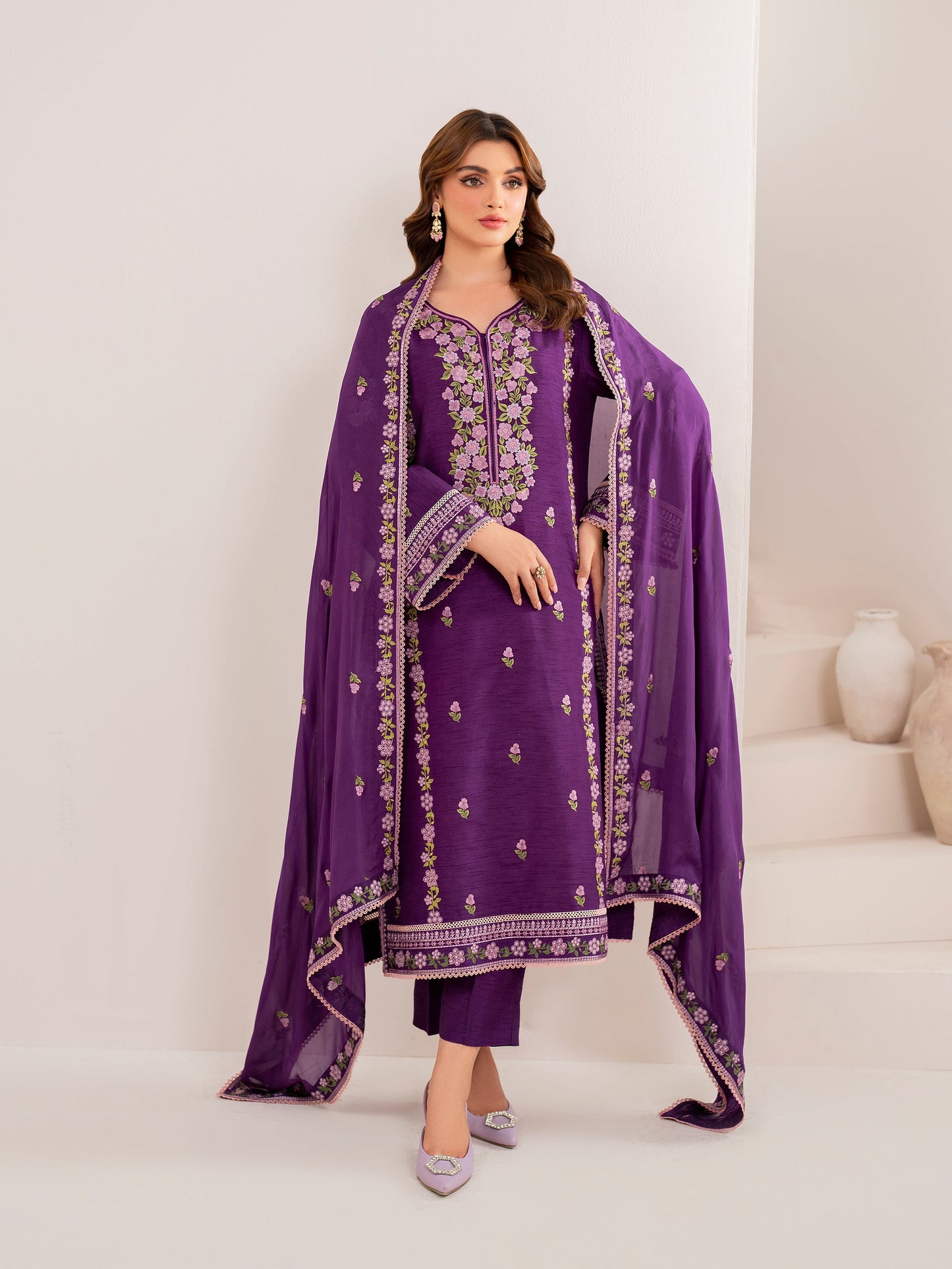 BrandsInn-3PC LAWN EMBROIDERED SHIRT WITH CHIFFON EMBROIDERED DUPATTA AND TROUSER-BI-108