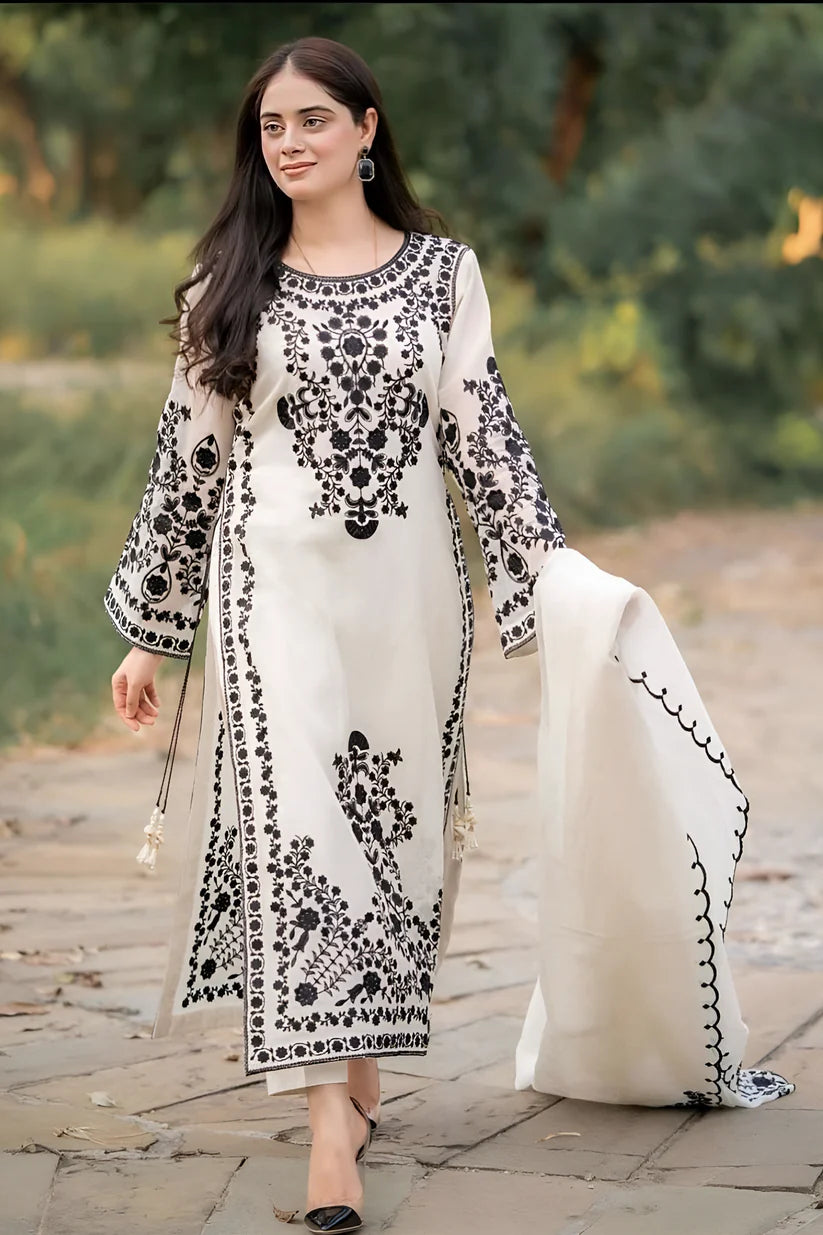 BrandsInn- LAWN 3PC EMBROIDERED SHIRT WITH ORGANZA EMBROIDERED DUPATTA WITH TROUSER-BI-347