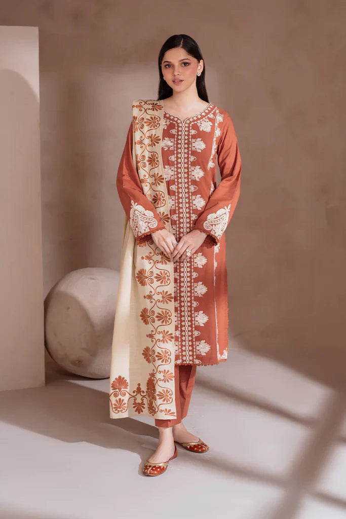 BrandsInn-3PC DHANAK EMBROIDERED SHIRT WITH DHANAK EMBROIDERED SHAWL & TROUSER-BI-4122