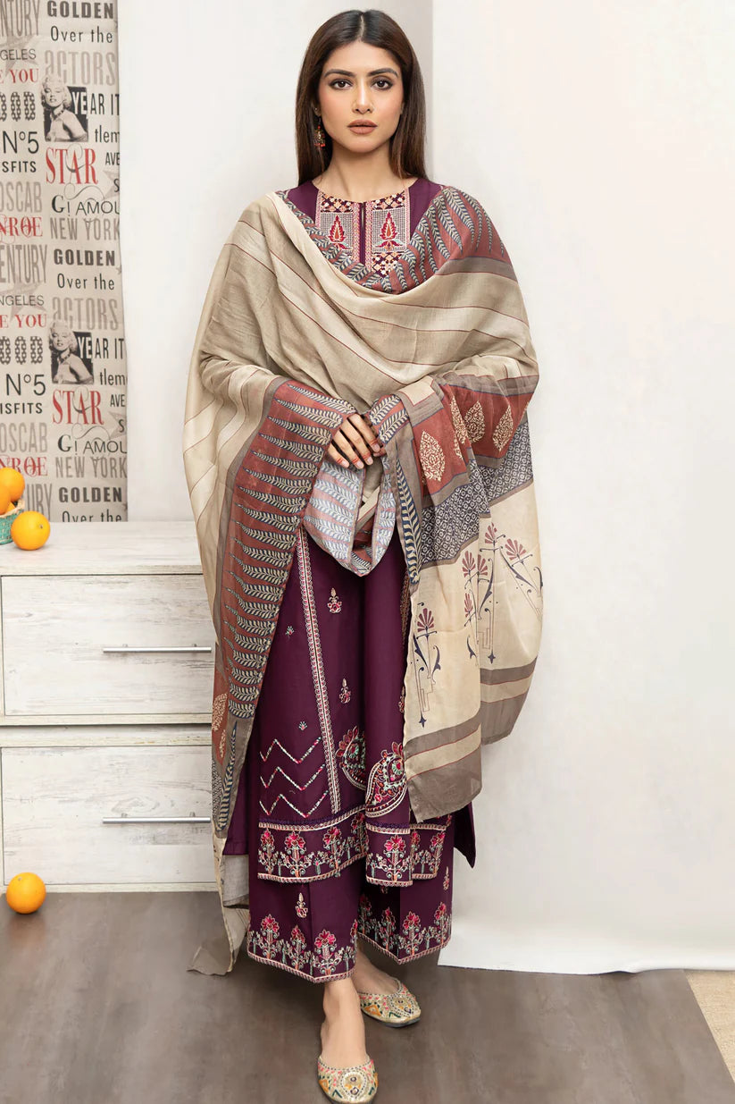 BrandsInn- 3PC DHANAK EMBROIDERED SHIRT WITH COUTURE PRINT SHAWL AND EMB TROUSER-BI-4087