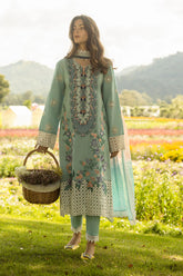 BrandsInn-3PC LAWN EMBROIDERED SHIRT WITH CHIFFON PRINTED DUPATTA AND TROUSER-BI-4524