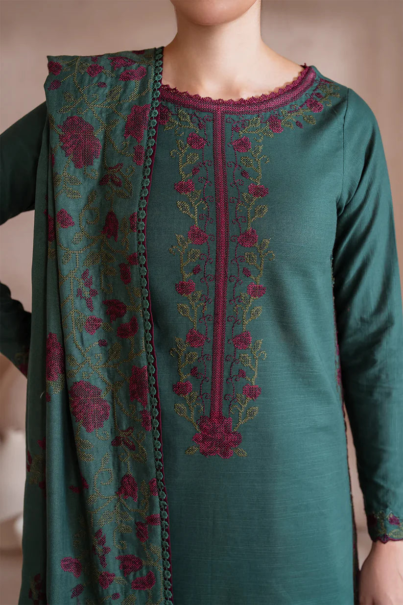 BrandsInn-3PC DHANAK EMBROIDERED SHIRT WITH DHANAK EMBROIDERED SHAWL & TROUSER-BI-4124
