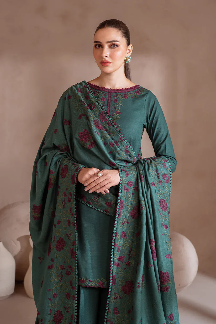 BrandsInn-3PC DHANAK EMBROIDERED SHIRT WITH DHANAK EMBROIDERED SHAWL & TROUSER-BI-4124