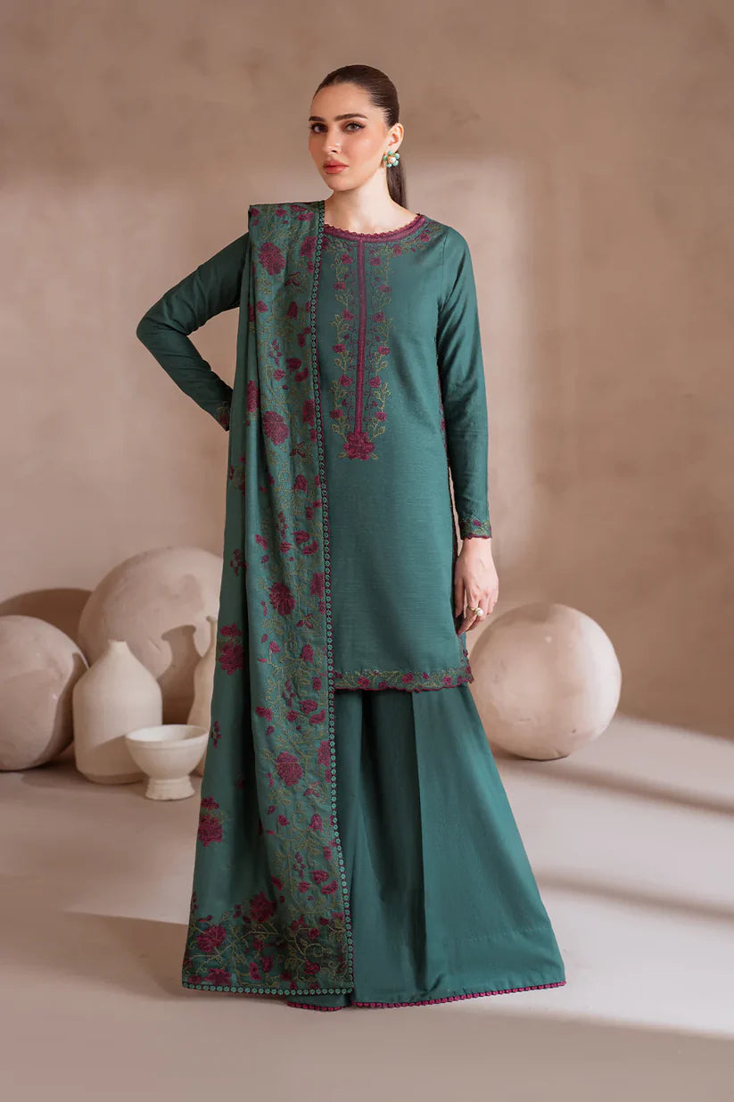 BrandsInn-3PC DHANAK EMBROIDERED SHIRT WITH DHANAK EMBROIDERED SHAWL & TROUSER-BI-4124