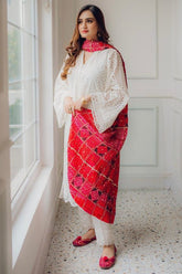 BrandsInn-3PC CHIKANKAARI LAWN EMBROIDERED SHIRT WITH CHUNRI PRINT DUPATTA AND TROUSER-BI-148