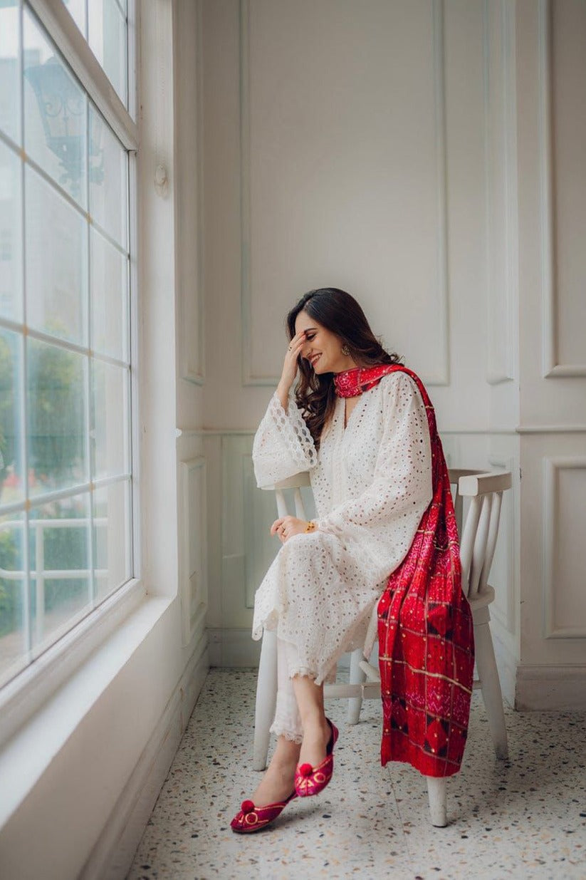 BrandsInn-3PC CHIKANKAARI LAWN EMBROIDERED SHIRT WITH CHUNRI PRINT DUPATTA AND TROUSER-BI-148